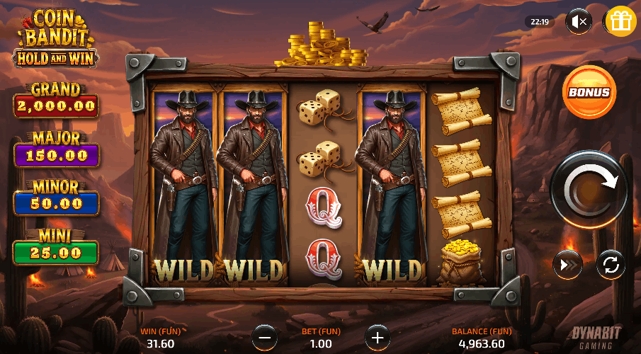 Coin Bandit de Dynabit Gaming — cluster + Hold and Win con tema robo